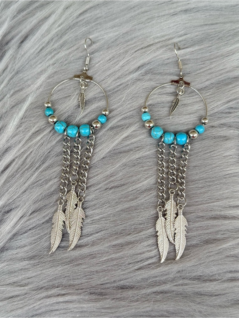 Western Turquoise & Silver Beaded Dangle feather charm earrings